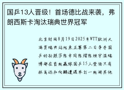国乒13人晋级!首场德比战来袭,弗朗西斯卡淘汰瑞典世界冠军 国乒13人晋级!首场德比战来袭,弗朗西斯卡淘汰瑞典世界冠军